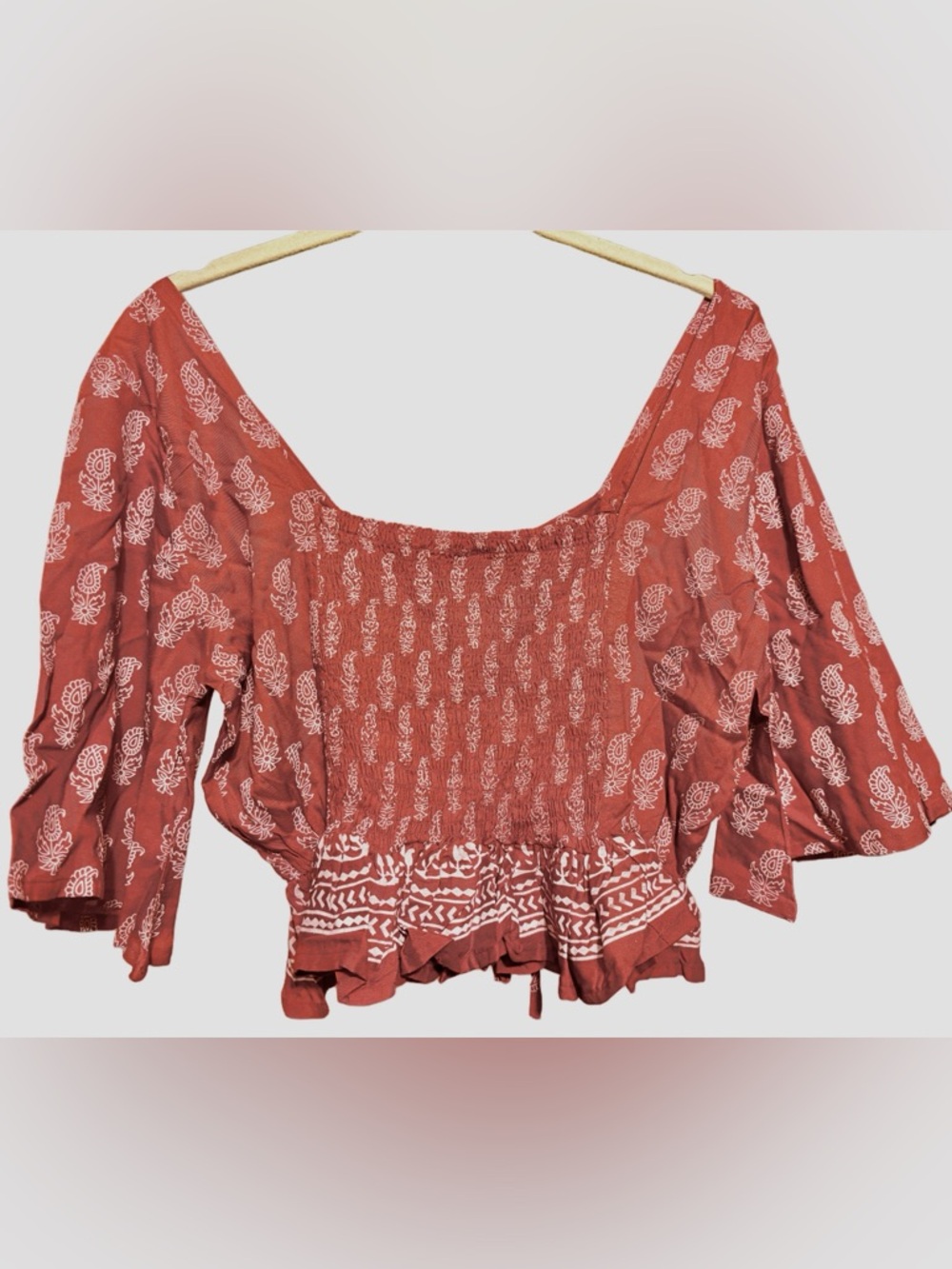 Sacred Threads Rust Red Printed Cropped Peasant Top - Picture 3 of 6